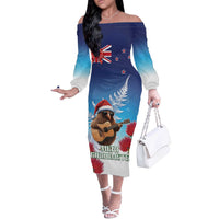 New Zealand Kiwi Christmas Off The Shoulder Long Sleeve Dress Xmas Vibe LT05 Women Blue - Polynesian Pride