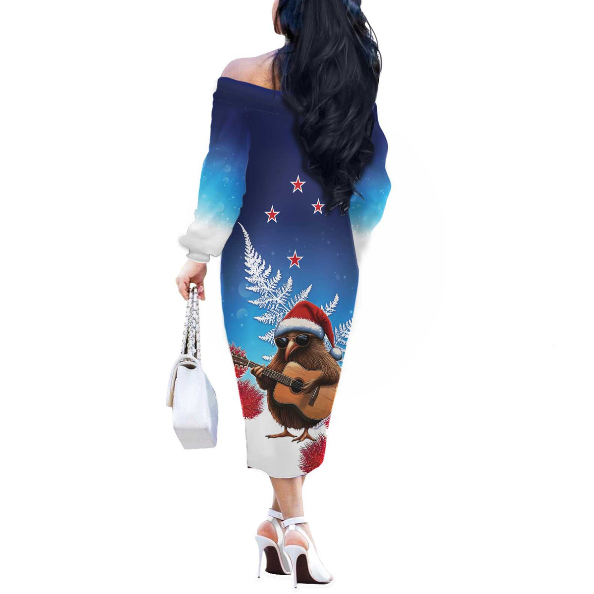 New Zealand Kiwi Christmas Off The Shoulder Long Sleeve Dress Xmas Vibe LT05 - Polynesian Pride