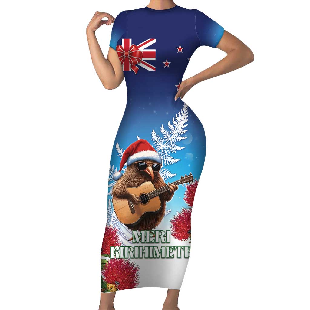 New Zealand Kiwi Christmas Short Sleeve Bodycon Dress Xmas Vibe LT05 Long Dress Blue - Polynesian Pride