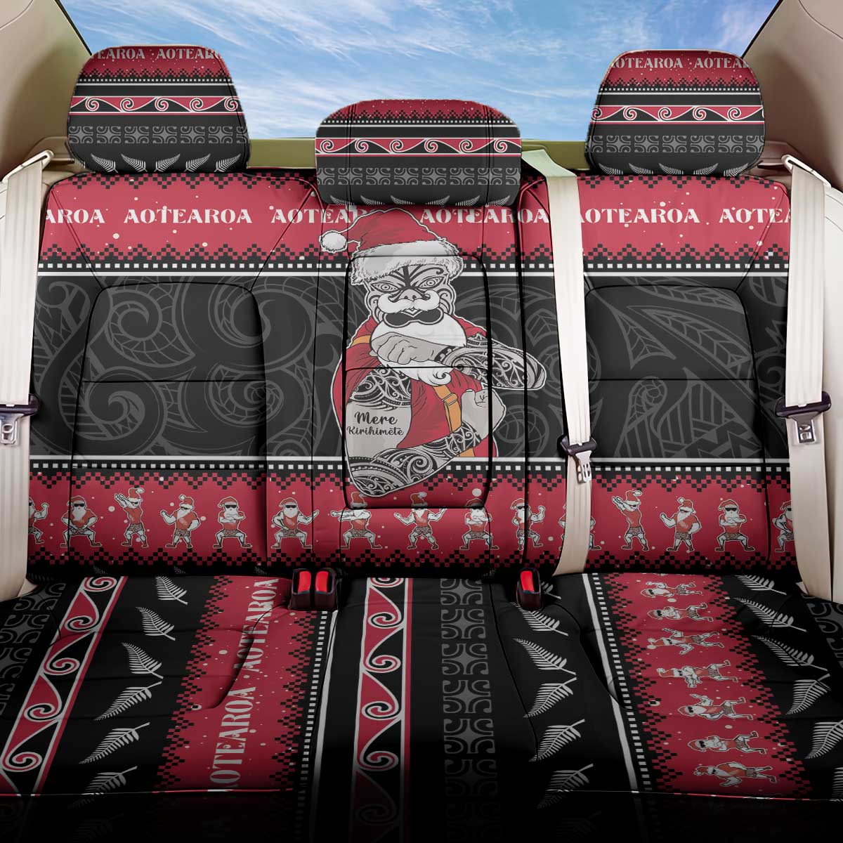 New Zealand Santa Tiki Christmas Back Car Seat Cover Meri Kirihimete LT05 One Size Black - Polynesian Pride