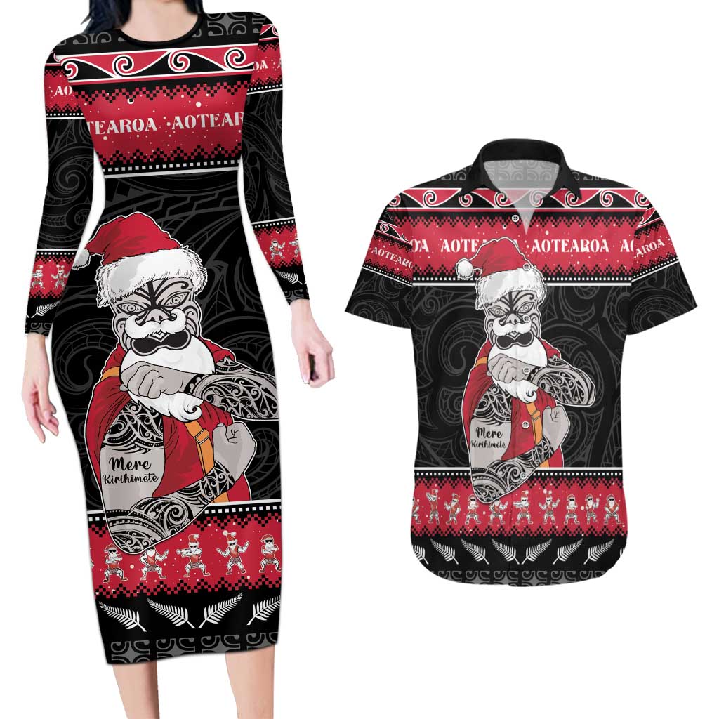 New Zealand Santa Tiki Christmas Couples Matching Long Sleeve Bodycon Dress and Hawaiian Shirt Meri Kirihimete LT05 Black - Polynesian Pride