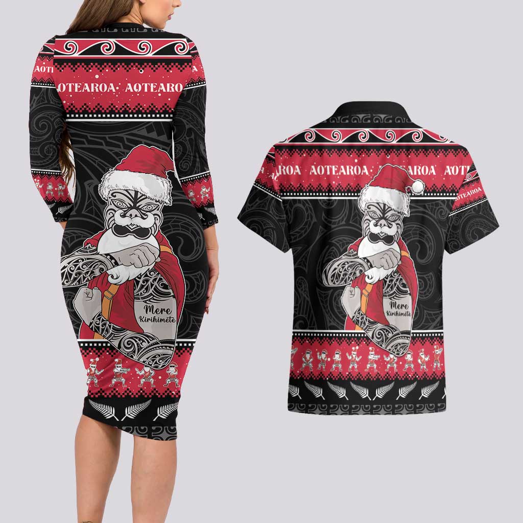 New Zealand Santa Tiki Christmas Couples Matching Long Sleeve Bodycon Dress and Hawaiian Shirt Meri Kirihimete LT05 - Polynesian Pride