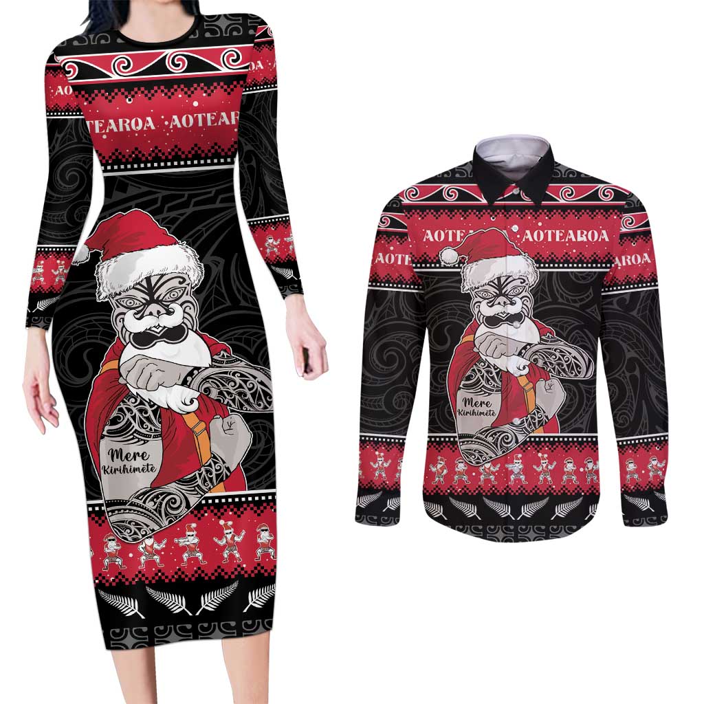 New Zealand Santa Tiki Christmas Couples Matching Long Sleeve Bodycon Dress and Long Sleeve Button Shirt Meri Kirihimete LT05 Black - Polynesian Pride