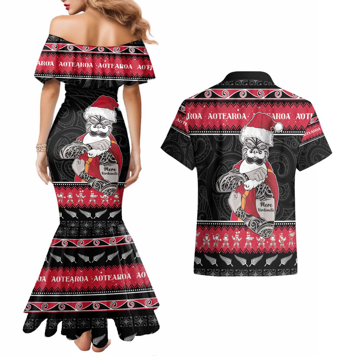 New Zealand Santa Tiki Christmas Couples Matching Mermaid Dress and Hawaiian Shirt Meri Kirihimete LT05 - Polynesian Pride