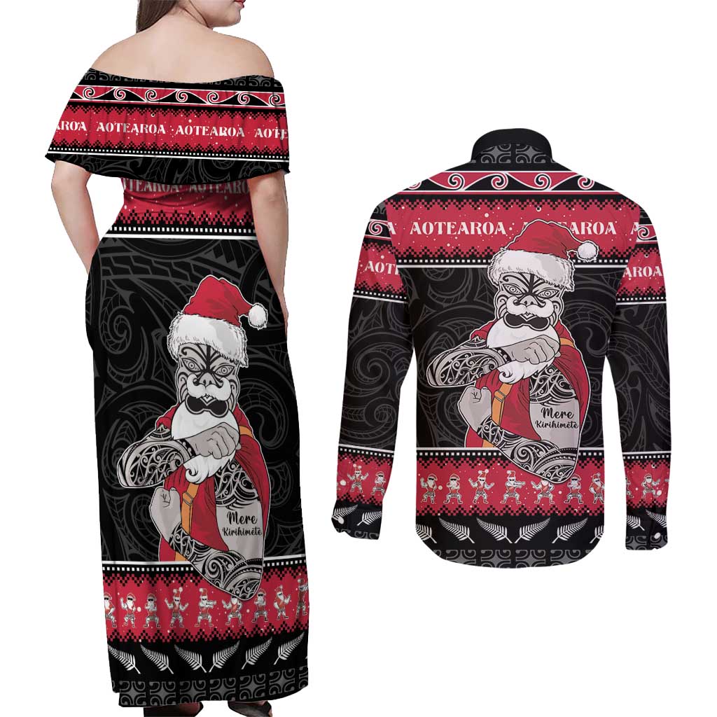 New Zealand Santa Tiki Christmas Couples Matching Off Shoulder Maxi Dress and Long Sleeve Button Shirt Meri Kirihimete LT05 - Polynesian Pride