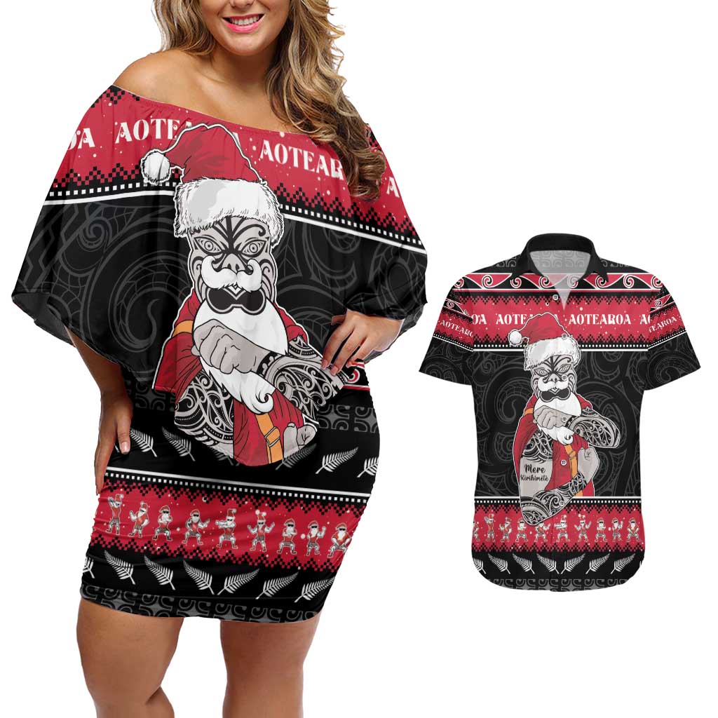 New Zealand Santa Tiki Christmas Couples Matching Off Shoulder Short Dress and Hawaiian Shirt Meri Kirihimete LT05 Black - Polynesian Pride