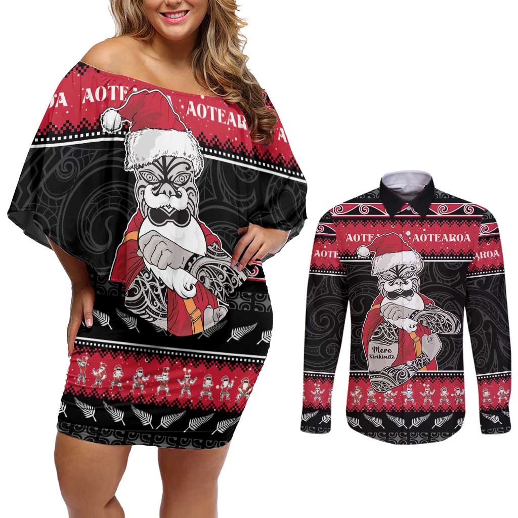 New Zealand Santa Tiki Christmas Couples Matching Off Shoulder Short Dress and Long Sleeve Button Shirt Meri Kirihimete LT05 Black - Polynesian Pride
