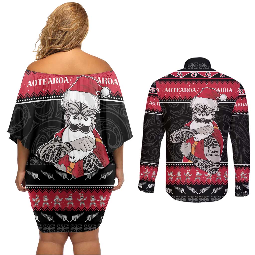 New Zealand Santa Tiki Christmas Couples Matching Off Shoulder Short Dress and Long Sleeve Button Shirt Meri Kirihimete LT05 - Polynesian Pride