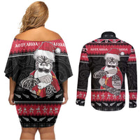 New Zealand Santa Tiki Christmas Couples Matching Off Shoulder Short Dress and Long Sleeve Button Shirt Meri Kirihimete LT05 - Polynesian Pride