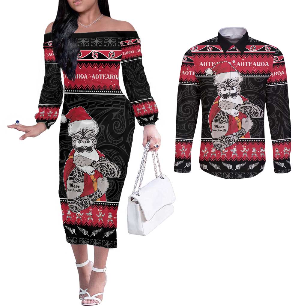 New Zealand Santa Tiki Christmas Couples Matching Off The Shoulder Long Sleeve Dress and Long Sleeve Button Shirt Meri Kirihimete LT05 Black - Polynesian Pride