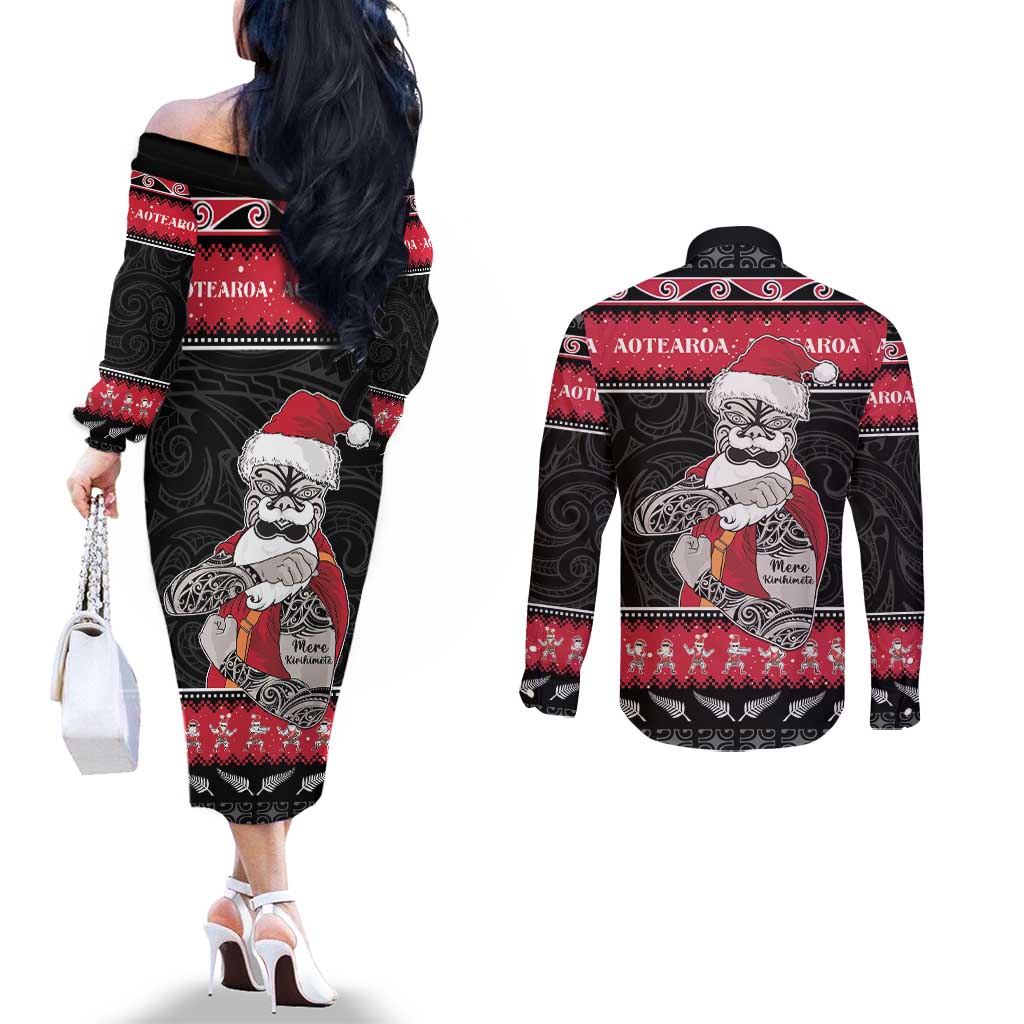 New Zealand Santa Tiki Christmas Couples Matching Off The Shoulder Long Sleeve Dress and Long Sleeve Button Shirt Meri Kirihimete LT05 - Polynesian Pride