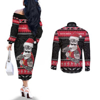 New Zealand Santa Tiki Christmas Couples Matching Off The Shoulder Long Sleeve Dress and Long Sleeve Button Shirt Meri Kirihimete LT05 - Polynesian Pride