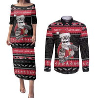 New Zealand Santa Tiki Christmas Couples Matching Puletasi and Long Sleeve Button Shirt Meri Kirihimete LT05 Black - Polynesian Pride