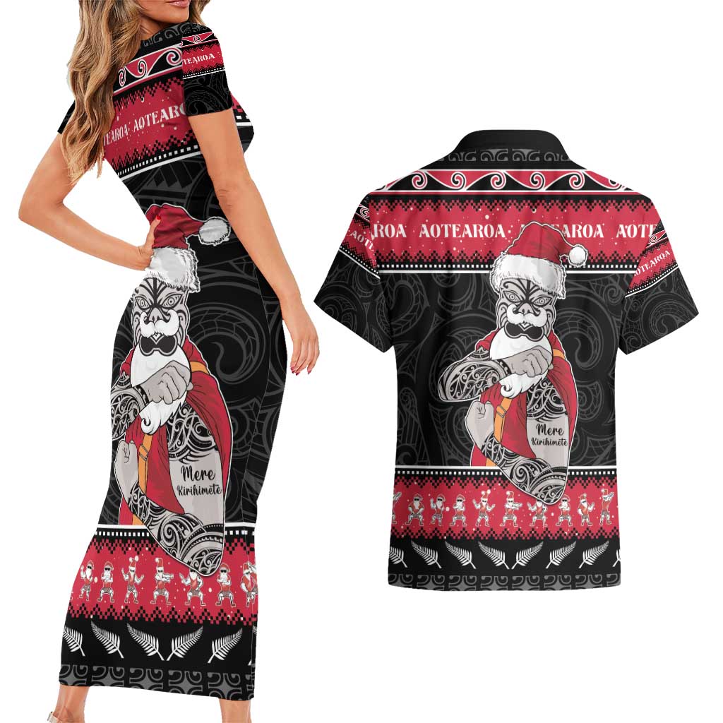 New Zealand Santa Tiki Christmas Couples Matching Short Sleeve Bodycon Dress and Hawaiian Shirt Meri Kirihimete LT05 - Polynesian Pride