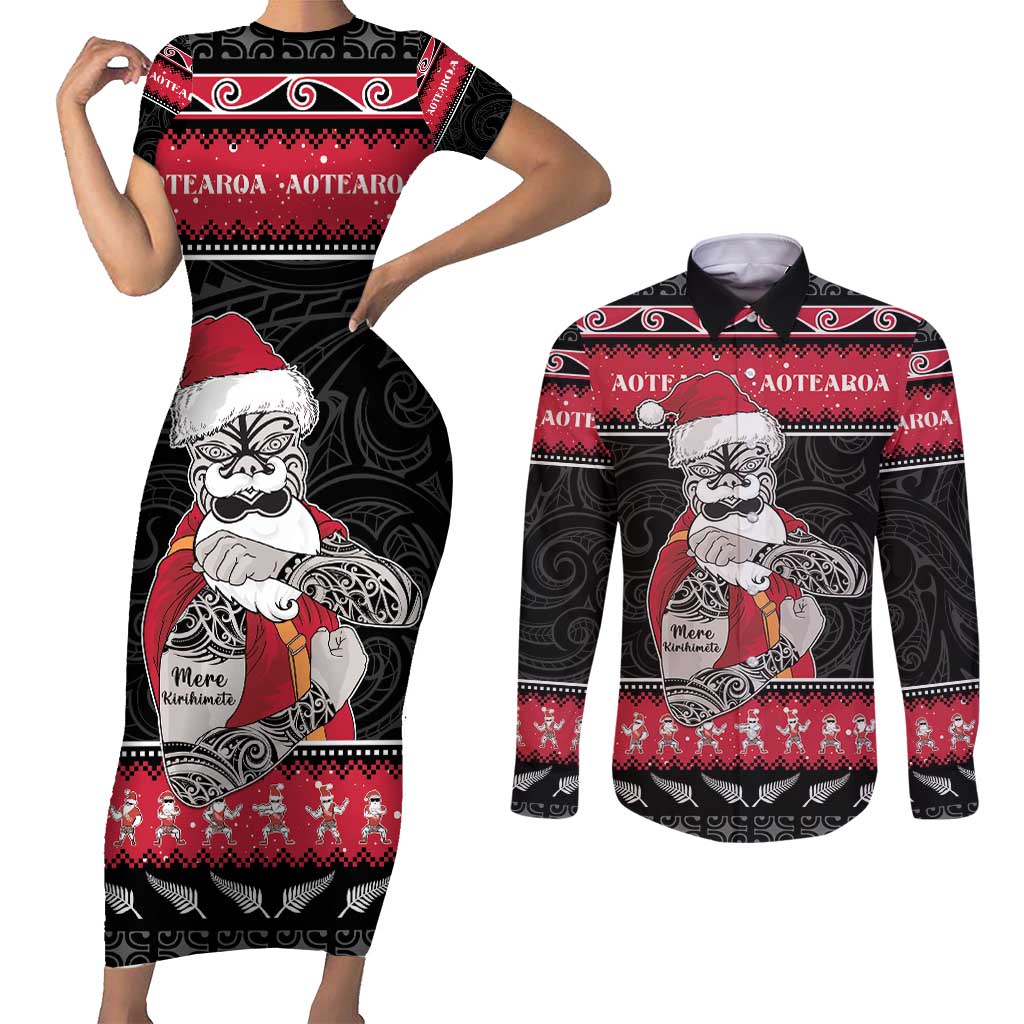 New Zealand Santa Tiki Christmas Couples Matching Short Sleeve Bodycon Dress and Long Sleeve Button Shirt Meri Kirihimete LT05 Black - Polynesian Pride