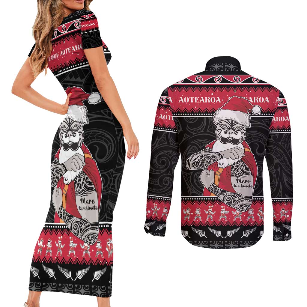 New Zealand Santa Tiki Christmas Couples Matching Short Sleeve Bodycon Dress and Long Sleeve Button Shirt Meri Kirihimete LT05 - Polynesian Pride