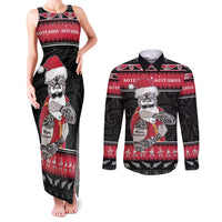 New Zealand Santa Tiki Christmas Couples Matching Tank Maxi Dress and Long Sleeve Button Shirt Meri Kirihimete LT05 Black - Polynesian Pride