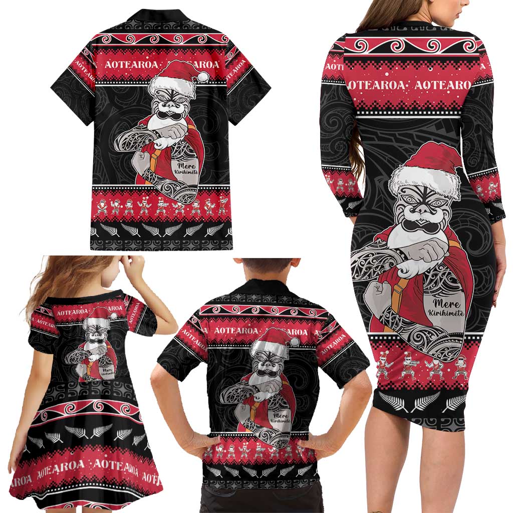 New Zealand Santa Tiki Christmas Family Matching Long Sleeve Bodycon Dress and Hawaiian Shirt Meri Kirihimete LT05 - Polynesian Pride