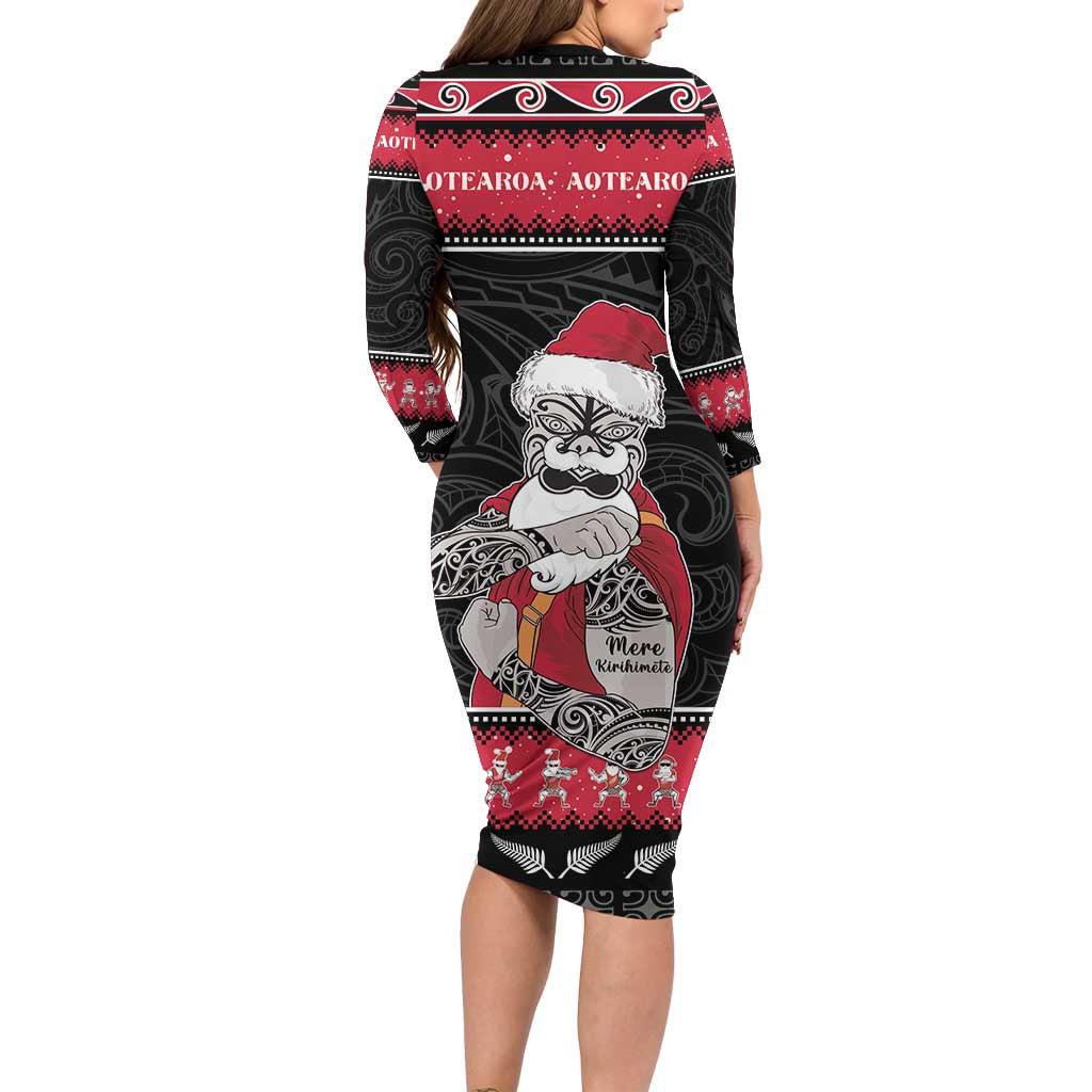 New Zealand Santa Tiki Christmas Family Matching Long Sleeve Bodycon Dress and Hawaiian Shirt Meri Kirihimete LT05 - Polynesian Pride