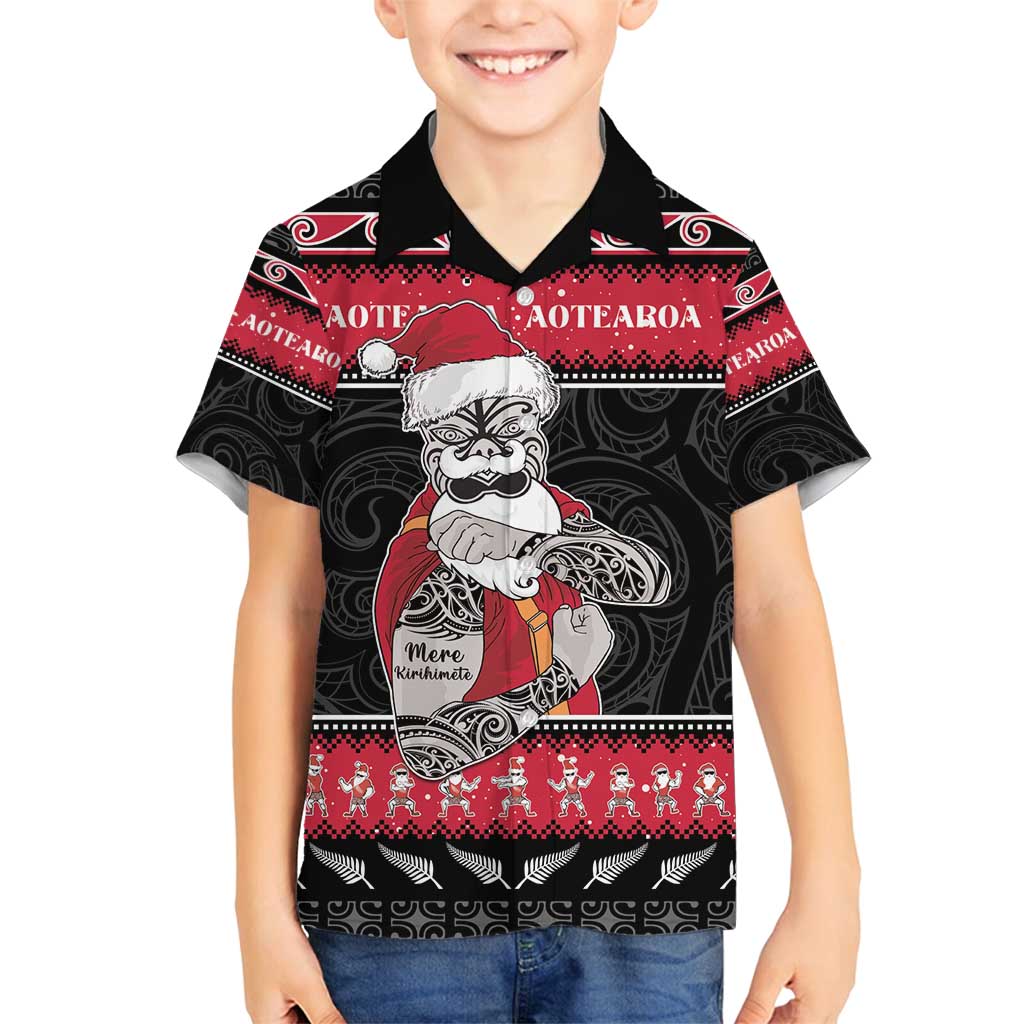 New Zealand Santa Tiki Christmas Family Matching Long Sleeve Bodycon Dress and Hawaiian Shirt Meri Kirihimete LT05 Son's Shirt Black - Polynesian Pride
