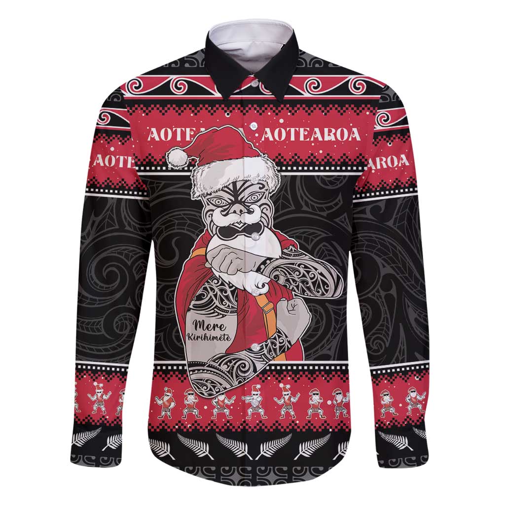 New Zealand Santa Tiki Christmas Family Matching Mermaid Dress and Hawaiian Shirt Meri Kirihimete LT05 Dad's Shirt - Long Sleeve Black - Polynesian Pride