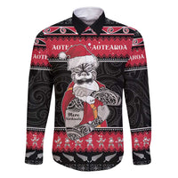 New Zealand Santa Tiki Christmas Family Matching Mermaid Dress and Hawaiian Shirt Meri Kirihimete LT05 Dad's Shirt - Long Sleeve Black - Polynesian Pride