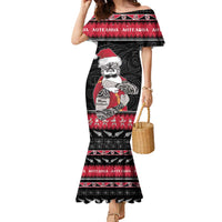 New Zealand Santa Tiki Christmas Family Matching Mermaid Dress and Hawaiian Shirt Meri Kirihimete LT05 Mom's Dress Black - Polynesian Pride