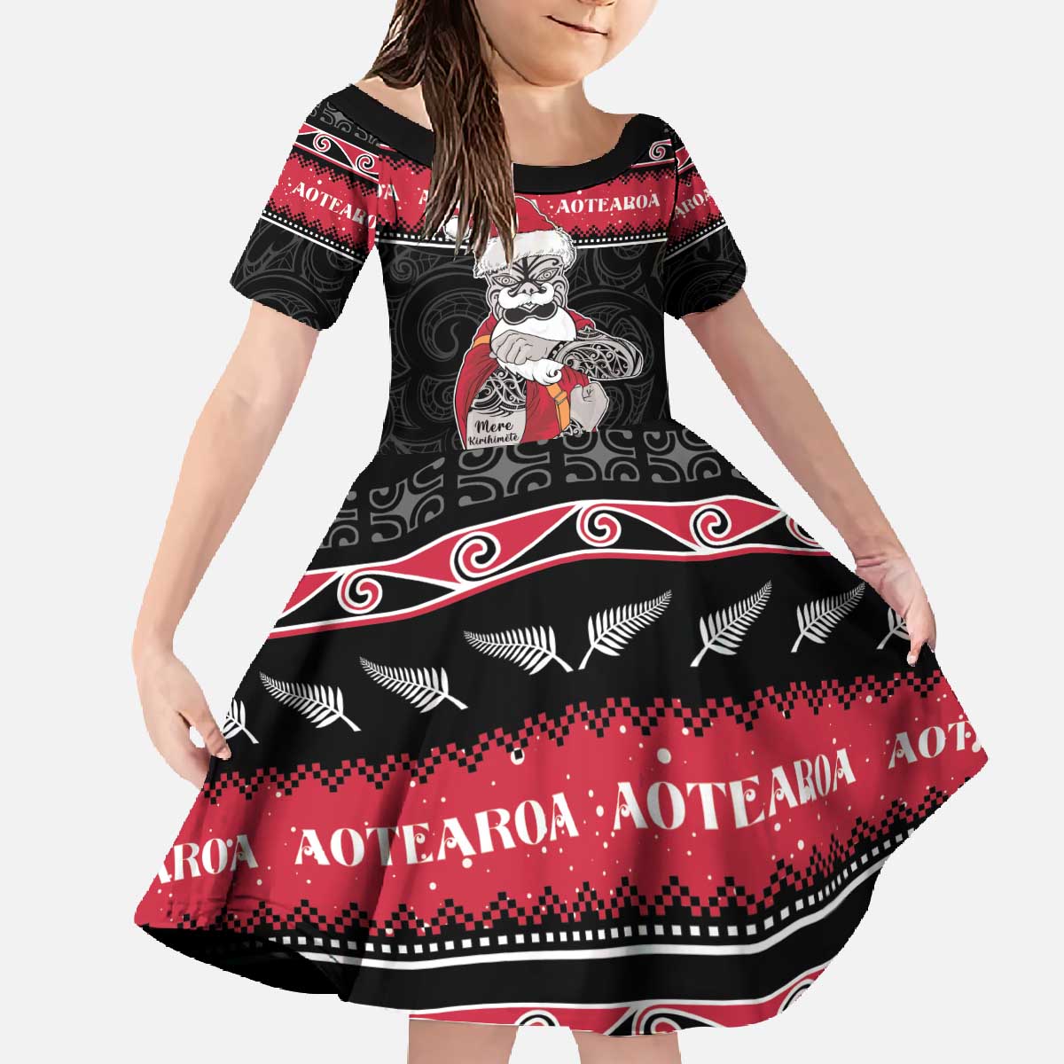 New Zealand Santa Tiki Christmas Family Matching Off The Shoulder Long Sleeve Dress and Hawaiian Shirt Meri Kirihimete LT05 Daughter's Dress Black - Polynesian Pride