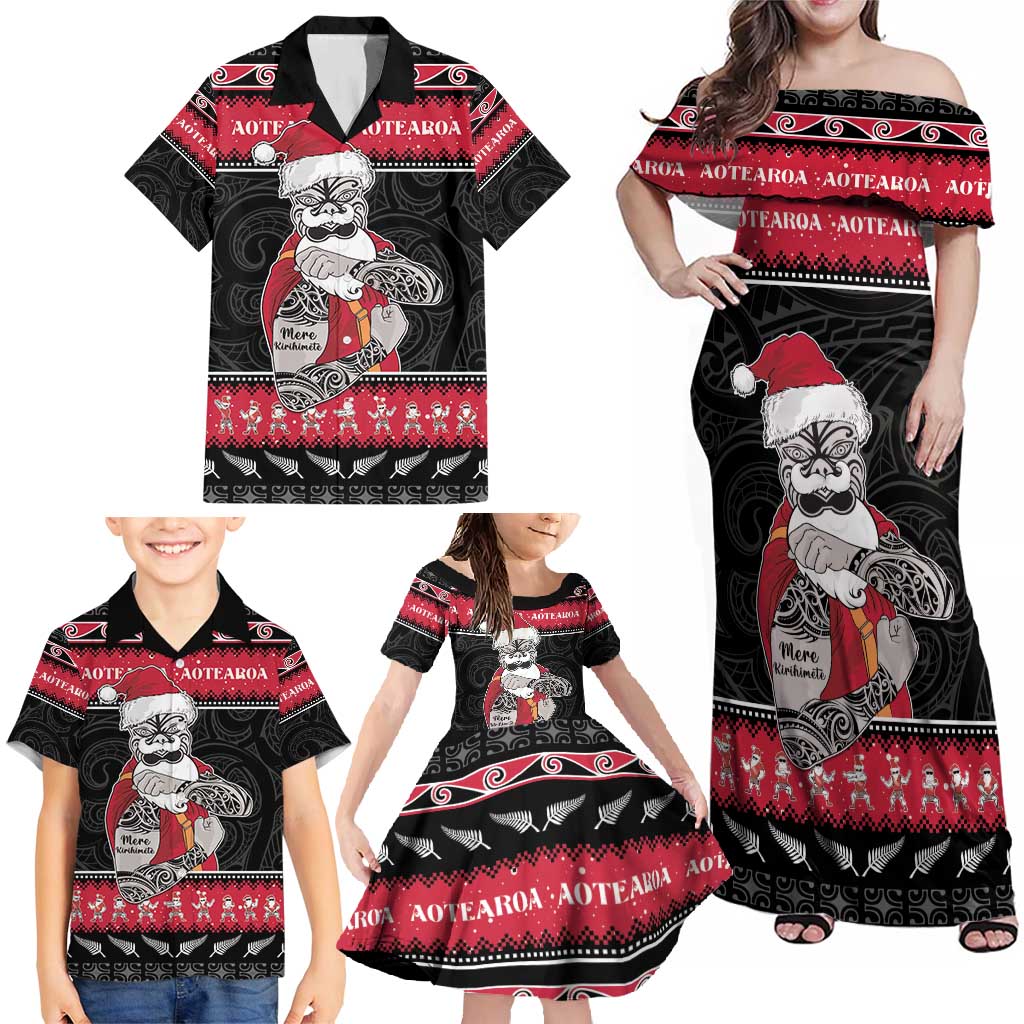 New Zealand Santa Tiki Christmas Family Matching Off Shoulder Maxi Dress and Hawaiian Shirt Meri Kirihimete LT05 - Polynesian Pride