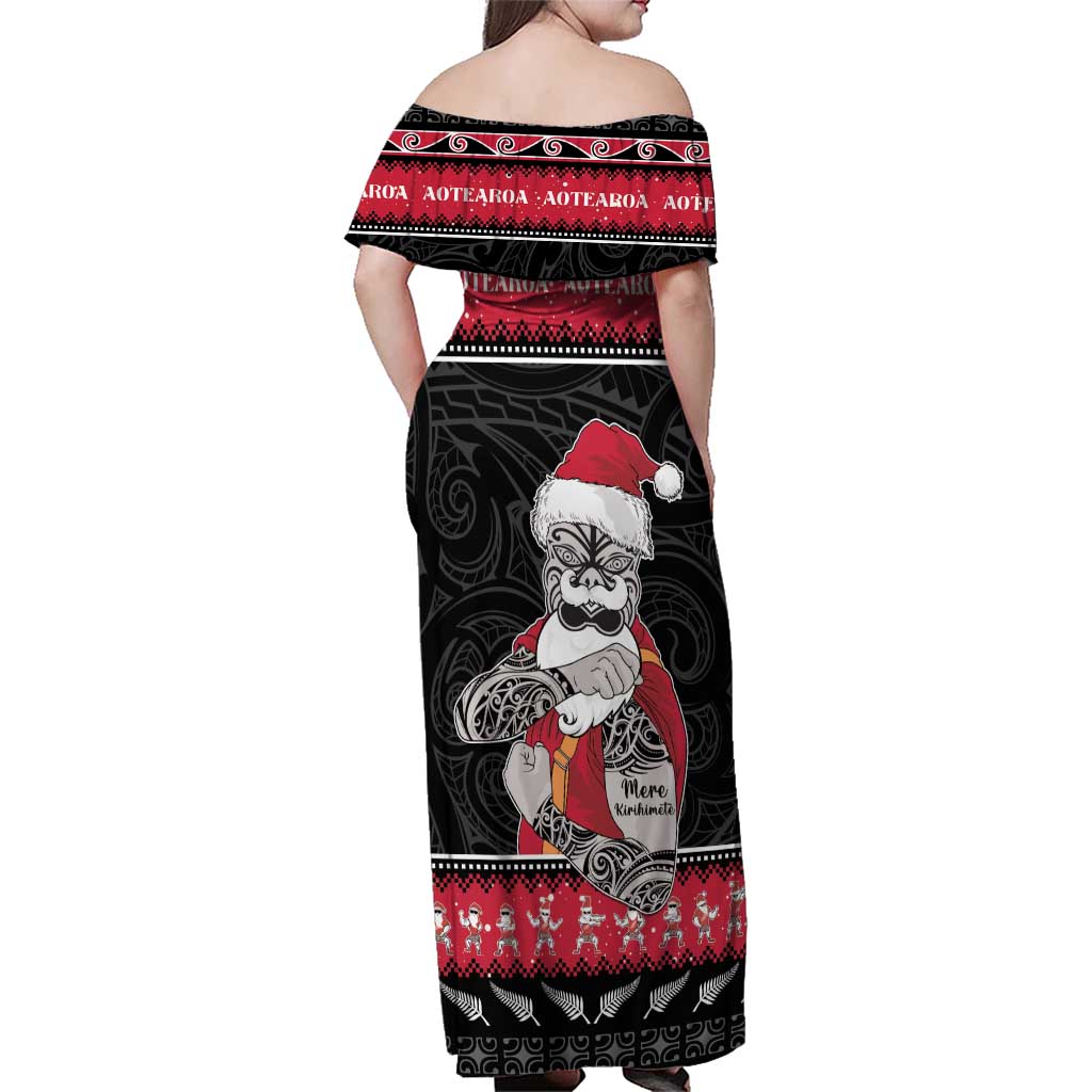 New Zealand Santa Tiki Christmas Family Matching Off Shoulder Maxi Dress and Hawaiian Shirt Meri Kirihimete LT05 - Polynesian Pride