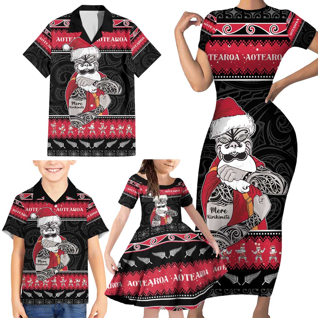 New Zealand Santa Tiki Christmas Family Matching Short Sleeve Bodycon Dress and Hawaiian Shirt Meri Kirihimete LT05 - Polynesian Pride