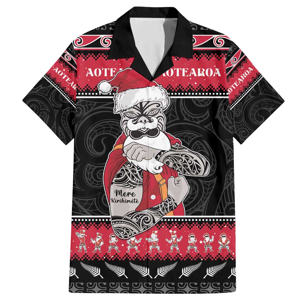 New Zealand Santa Tiki Christmas Family Matching Summer Maxi Dress and Hawaiian Shirt Meri Kirihimete LT05 Dad's Shirt - Short Sleeve Black - Polynesian Pride
