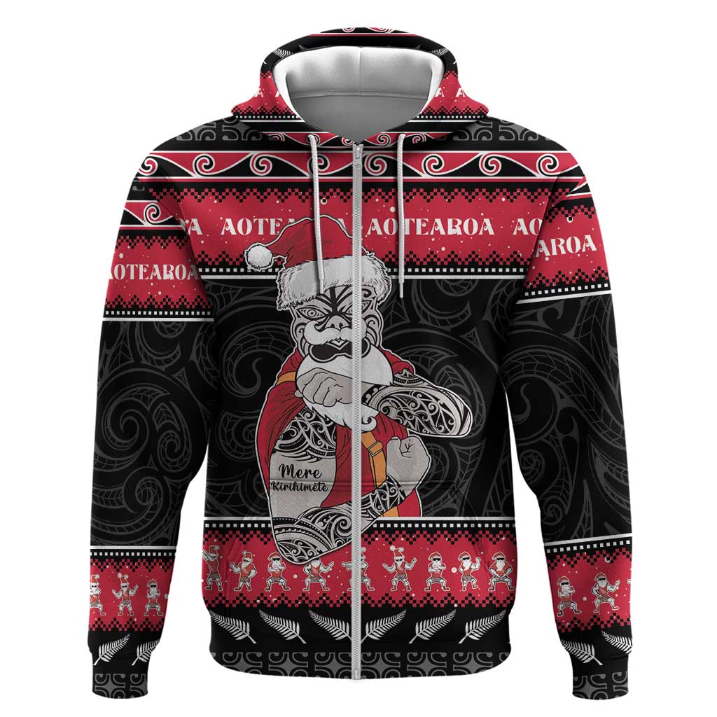 New Zealand Santa Tiki Christmas Hoodie Meri Kirihimete LT05 Zip Hoodie Black - Polynesian Pride
