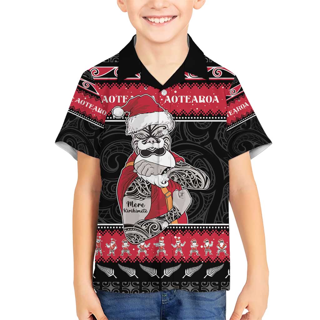 New Zealand Santa Tiki Christmas Kid Hawaiian Shirt Meri Kirihimete LT05 Kid Black - Polynesian Pride