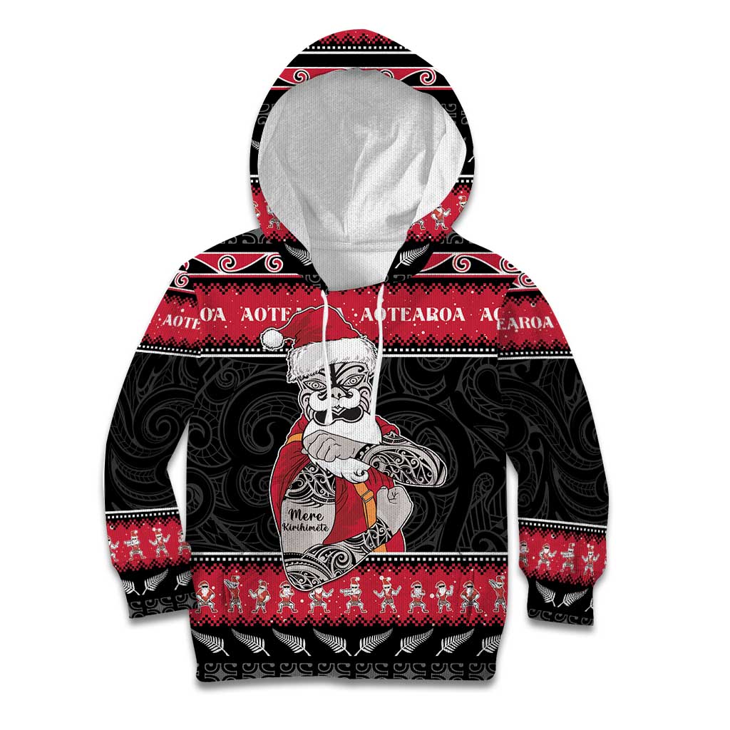 New Zealand Santa Tiki Christmas Kid Hoodie Meri Kirihimete LT05 Hoodie Black - Polynesian Pride