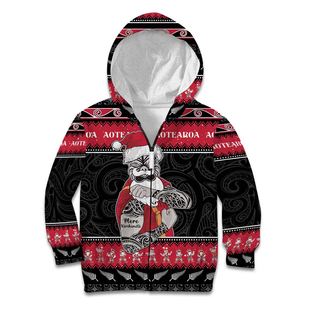 New Zealand Santa Tiki Christmas Kid Hoodie Meri Kirihimete LT05 Zip Hoodie Black - Polynesian Pride