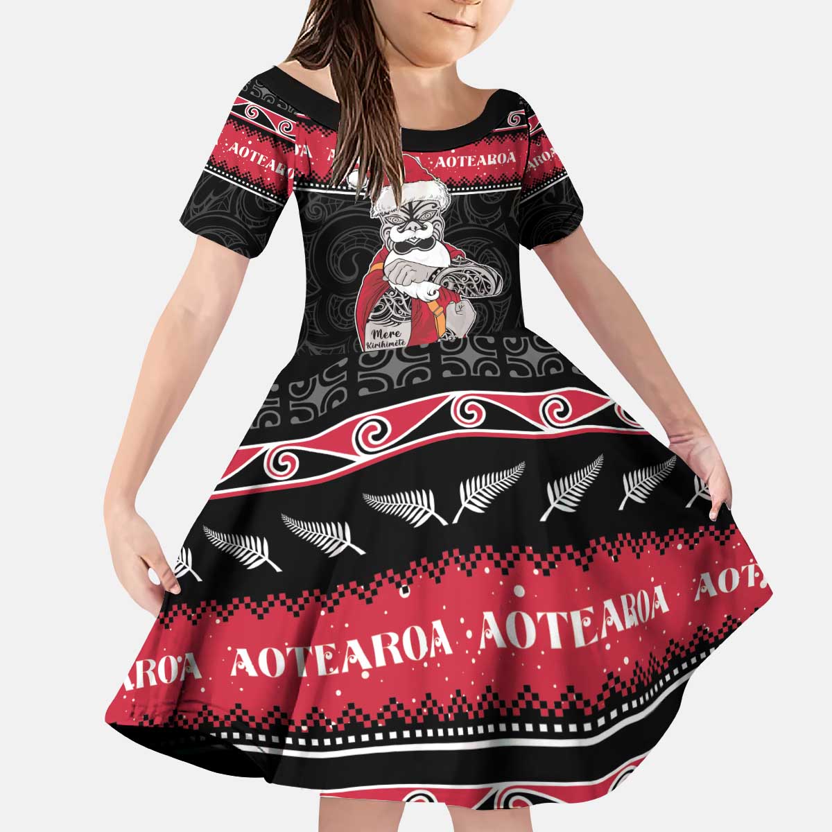 New Zealand Santa Tiki Christmas Kid Short Sleeve Dress Meri Kirihimete LT05 KID Black - Polynesian Pride