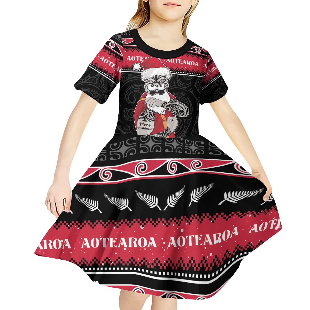 New Zealand Santa Tiki Christmas Kid Short Sleeve Dress Meri Kirihimete LT05 - Polynesian Pride