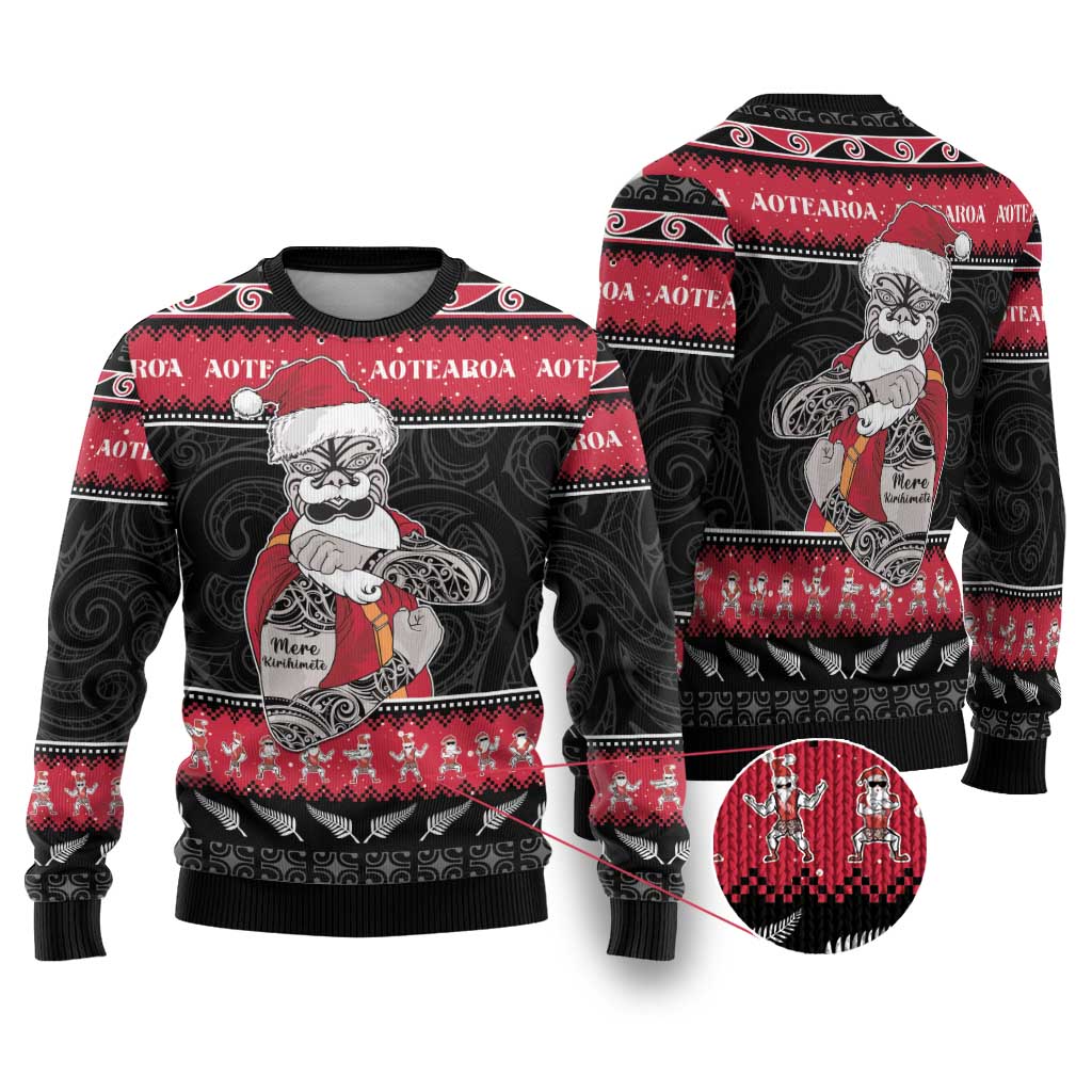 New Zealand Santa Tiki Christmas Ugly Christmas Sweater Meri Kirihimete LT05 Black - Polynesian Pride