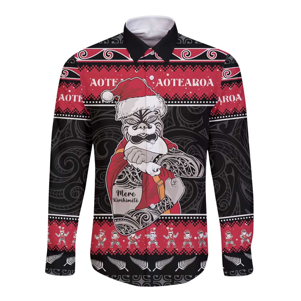 New Zealand Santa Tiki Christmas Long Sleeve Button Shirt Meri Kirihimete LT05 Unisex Black - Polynesian Pride