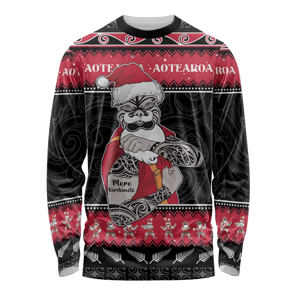 New Zealand Santa Tiki Christmas Long Sleeve Shirt Meri Kirihimete LT05 Unisex Black - Polynesian Pride