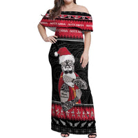 New Zealand Santa Tiki Christmas Off Shoulder Maxi Dress Meri Kirihimete LT05 Women Black - Polynesian Pride
