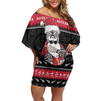 New Zealand Santa Tiki Christmas Off Shoulder Short Dress Meri Kirihimete LT05 Women Black - Polynesian Pride