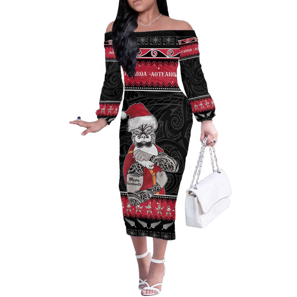 New Zealand Santa Tiki Christmas Off The Shoulder Long Sleeve Dress Meri Kirihimete LT05 Women Black - Polynesian Pride