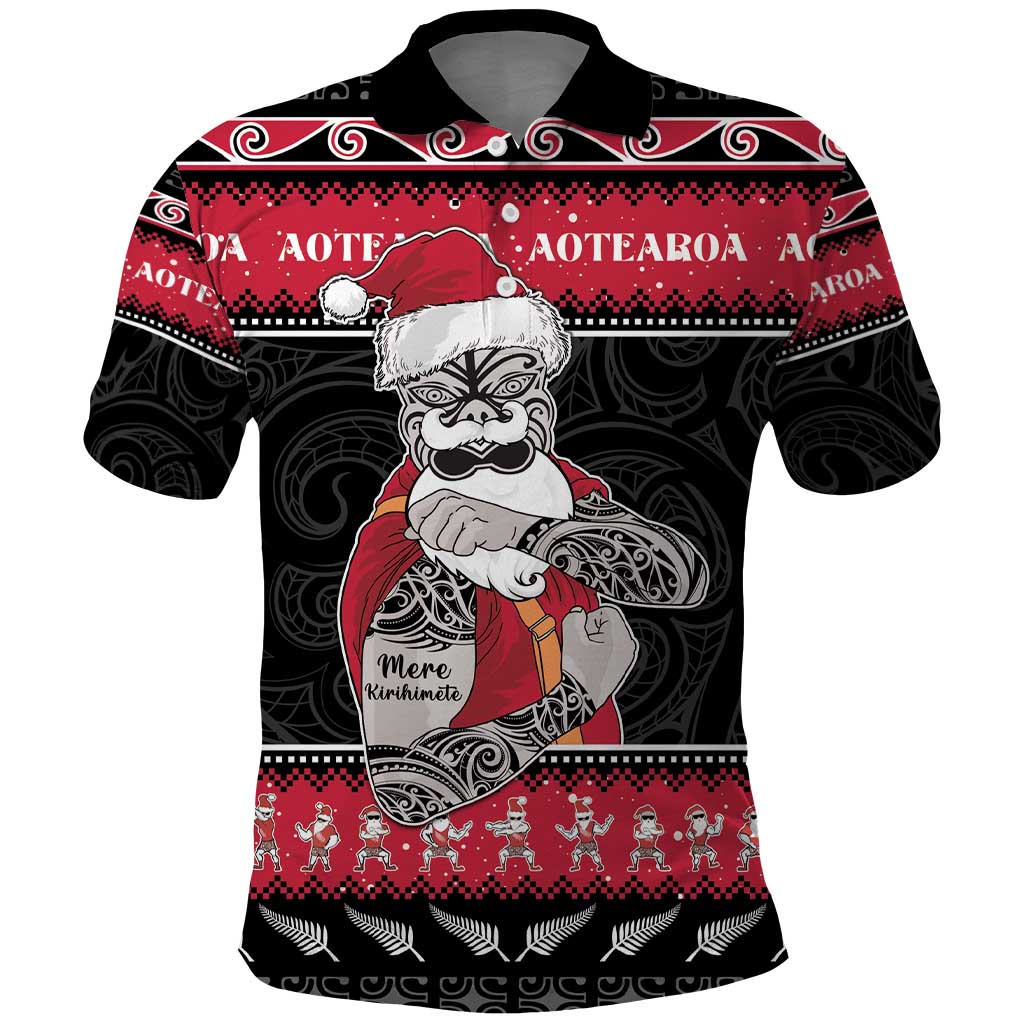 New Zealand Santa Tiki Christmas Polo Shirt Meri Kirihimete LT05 Black - Polynesian Pride