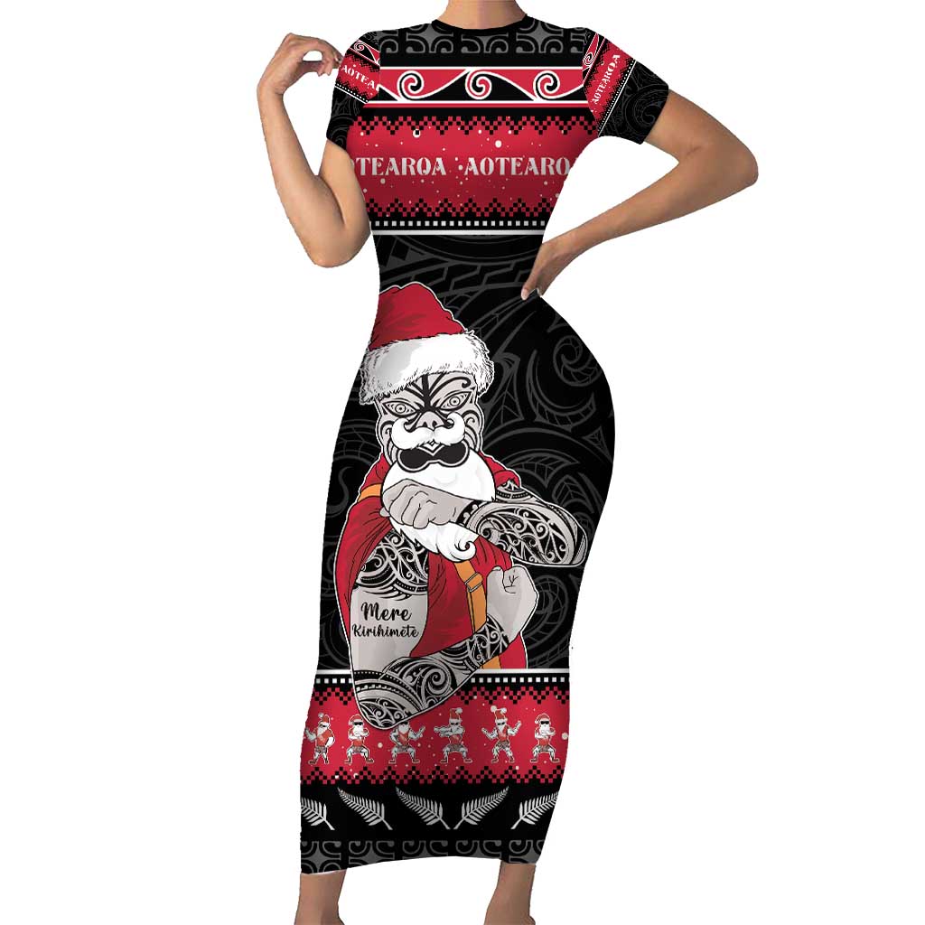 New Zealand Santa Tiki Christmas Short Sleeve Bodycon Dress Meri Kirihimete LT05 Long Dress Black - Polynesian Pride