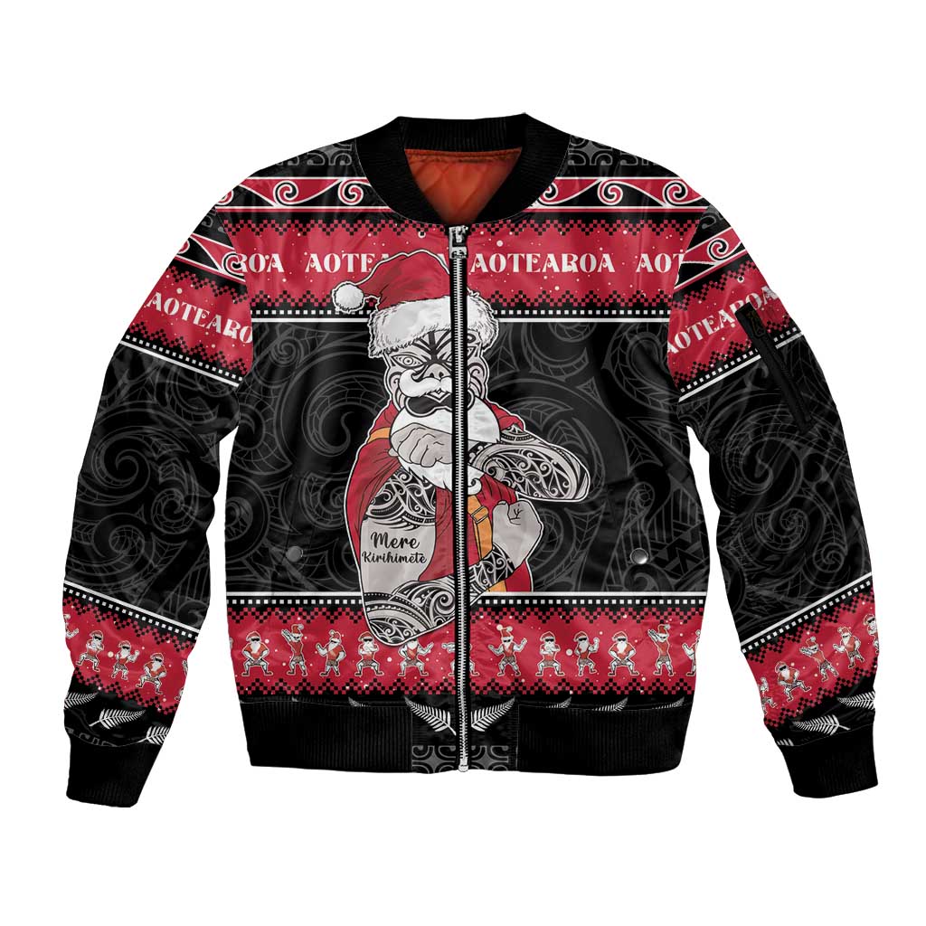 New Zealand Santa Tiki Christmas Sleeve Zip Bomber Jacket Meri Kirihimete LT05 Unisex Black - Polynesian Pride