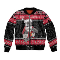 New Zealand Santa Tiki Christmas Sleeve Zip Bomber Jacket Meri Kirihimete LT05 Unisex Black - Polynesian Pride