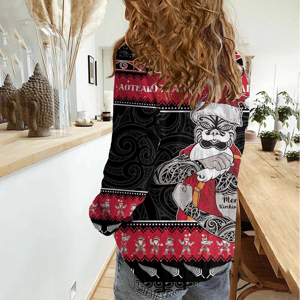 New Zealand Santa Tiki Christmas Women Casual Shirt Meri Kirihimete