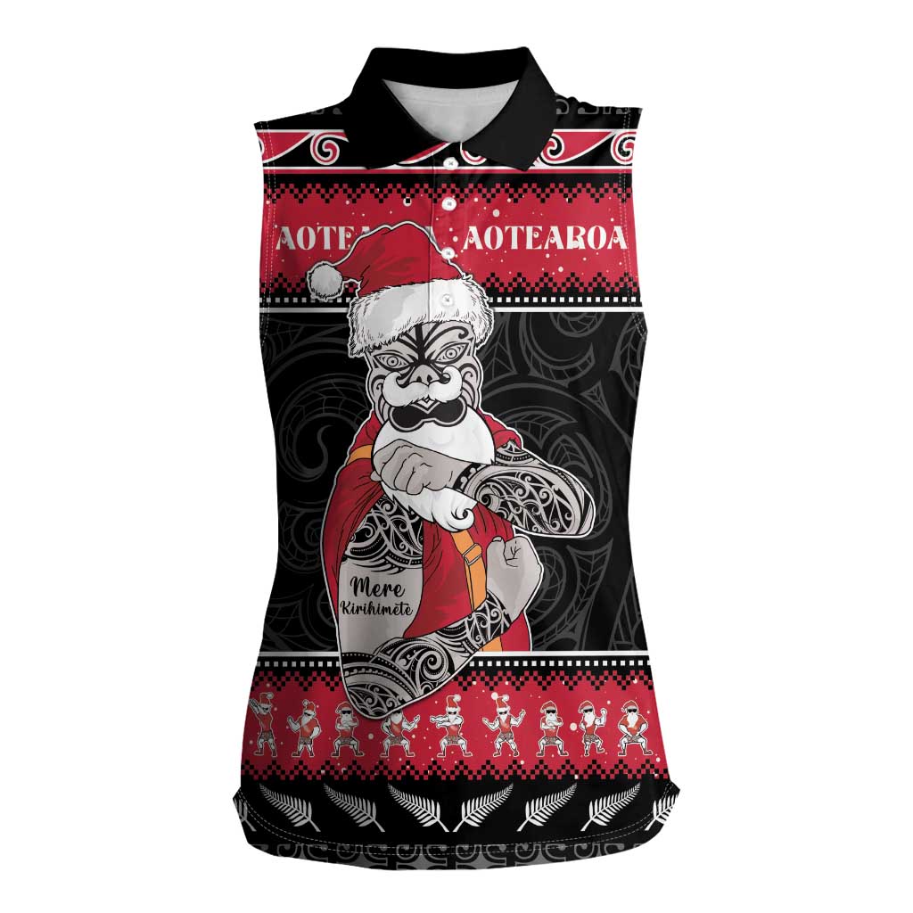 New Zealand Santa Tiki Christmas Women Sleeveless Polo Shirt Meri Kirihimete LT05 Female Black - Polynesian Pride